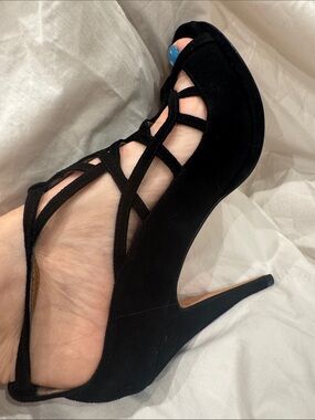 Cynthia Vincent Black Strappy Peep-Toe Stiletto Heels